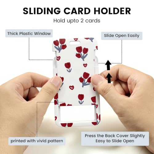 ID Card Badge Holder Key Chain with Metal Keyring, Plastic Slide Open with ID Window for Women Men Girls Students - color: Lots of Little Red Flowers