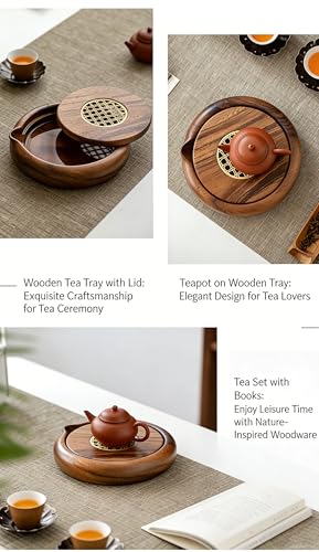 Walnut Wood Tea Tray with Brass Grid Lid - Round Serving Tray for Gongfu Tea, Elegant Tea Service Board for Home & Office