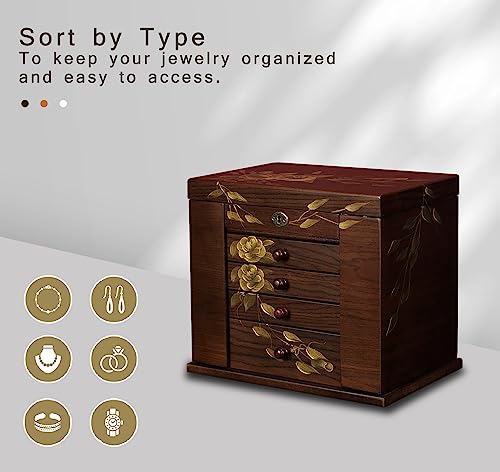 Wooden Jewelry Box for Women, 5-Layer Large Lock with Drawers - color: Brown（L）