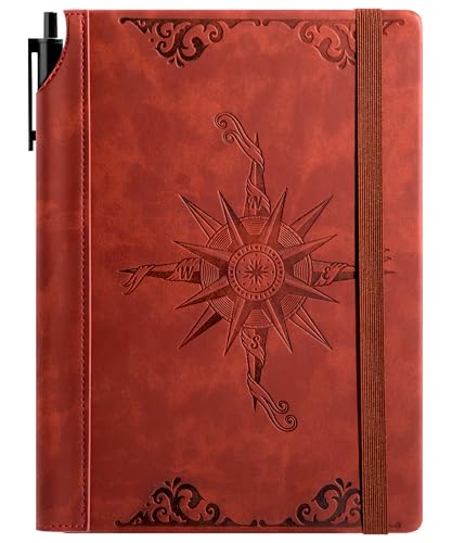 CAGIE Compass Leather Journal for Men Women, A5 Lined Notebook Writing Gift - color: Wine Red