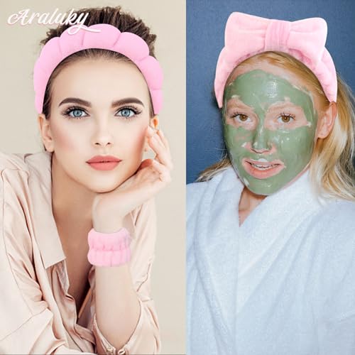6 Pcs Puffy Terry Cloth Headbands and Wristbands for Skincare, Shower, and Makeup Removal - color: Pink