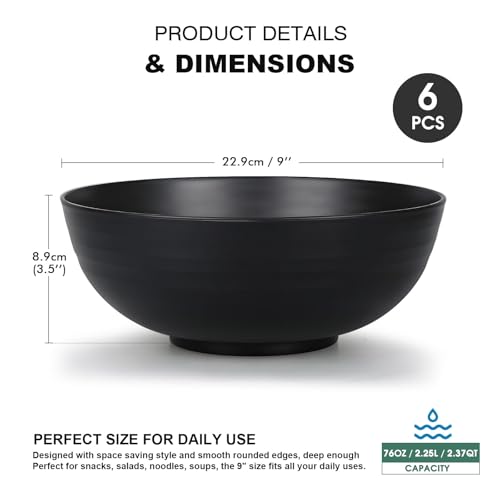 Greentainer Unbreakable Large Salad Bowls, 76 oz Plastic Serving Bowl Set of 6, Lightweight Black Bowl for Soup, Cereal, Fruit, Popcorn, Dishwasher & Microwave Safe - color: Black