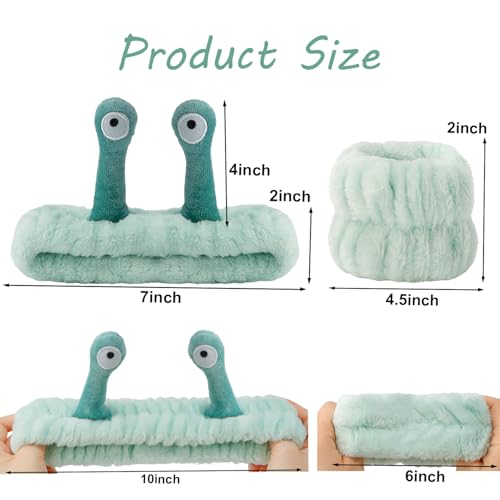SuPoo Snail Spa Headband and Wristband Set Funny Alien Skincare Headband for Washing Face Puffy Wrist Bands for Women Animal Makeup Head Band Preppy Teen Girl Gifts Trendy Stuff Hair Accessories 9PCS - color: 9pcs-green pink khaki