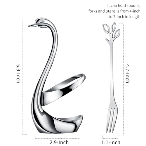 AnSaw Silver Swan Base Holder Set with 10 Pcs 4.7" Mini Leaf Spoon & Fork - color: Silver Swan