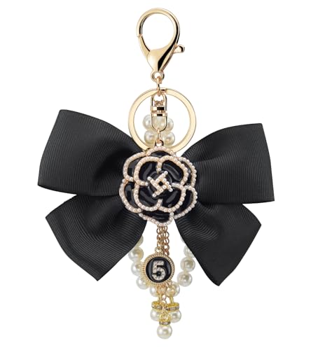 Camellia Flower Purse Charm Keychain with Bow and Pearl Accents - color: Balck