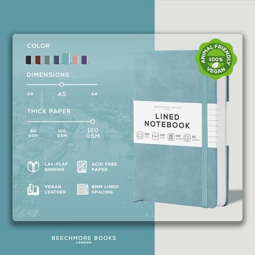 BEECHMORE BOOKS A5 5x8 Lined Leather Journal For Men, 120 GSM with Gift Box - color: Arctic Teal, size: A5 - 5.8" x 8.3" Medium