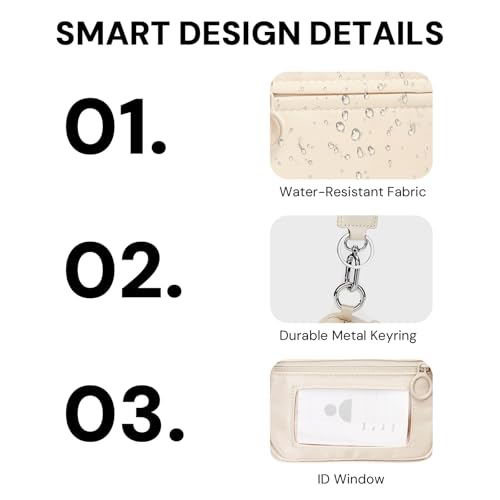 Keychain Wallet for Women with Clear ID Window, Coin Pouch and Wrist Strap - color: Light Beige