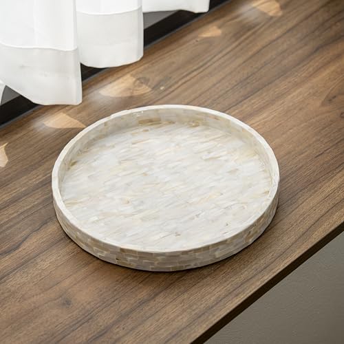 PEMAR Round Mother of Pearl Tray 11", White Iridescent Decorative Tray