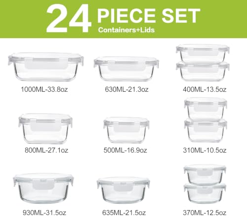 M MCIRCO 24-Piece Glass Food Storage Containers with Upgraded Snap Locking Lids,Glass Meal Prep Containers Set - Airtight Lunch Containers, Microwave, Oven, Freezer and Dishwasher,White - color: White