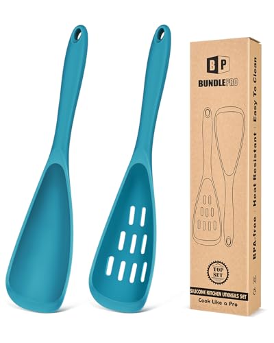 BUNDLEPRO Silicone Cooking Spoons for Nonstick Cookware, One-Piece, 2 Pack - color: Blue