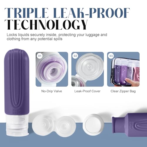 Travel Bottles for Toiletries, 3oz TSA Approved Travel Size Toiletries, Silicone Leak-Proof Refillable Containers, Squeezable Liquid Essentials Bottles W/Clear Bag (PURPLE) - color: PURPLE