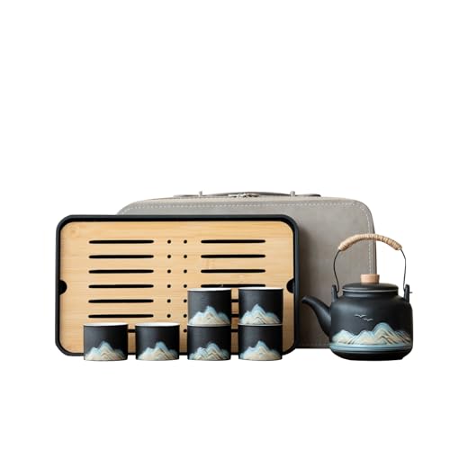 Chinese Tea Set – Black Porcelain Gongfu Teapot with 6 Cups & Tea Tray, Travel Tea Set with Carrying Case for Tea Ceremony, Daily Tea Ritual, Asian Style Gift - color: Black Teapot & 6 Teacups