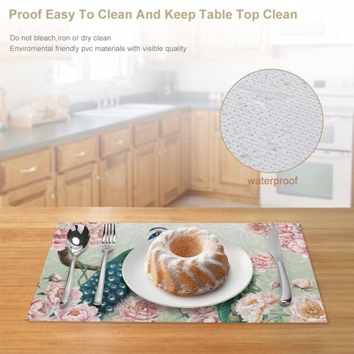 Floral Bird Placemats Set of 4, 12x18 Inch Vintage Peacock Peony Flower Green Baroque Luxury Boho Seasonal Spring Holiday Coffee Table Mats for Party Kitchen Dining Decoration - color: Pm-floral Bird06, size: 4pcs