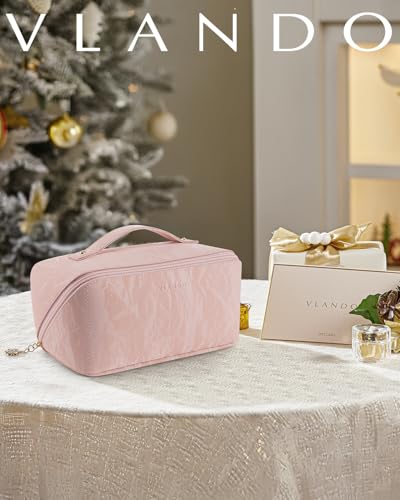 VLANDO Makeup Bag,Travel Toiletry Bag,Cosmetic Bag for Women PU Leather Portable Make up Bag for Skincare, Brushes & Travel Essentials-Sand Pink - color: 09-Sand Pink