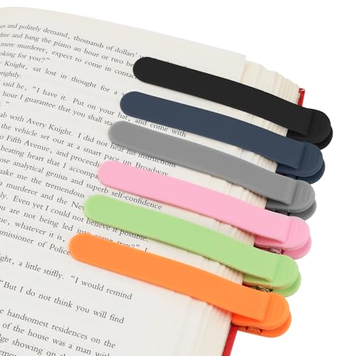 SMUK 6 Pieces Smart Silicone Bookmark, Cute Automatic Book Marks for Men Book Lovers Women, Book Marker Book Page Clip Reading Accessories Gifts for Reading Lovers - color: 1 Black+1 Light Gray+1 Navy Blue+1 Pink+1 Green+1 Orange