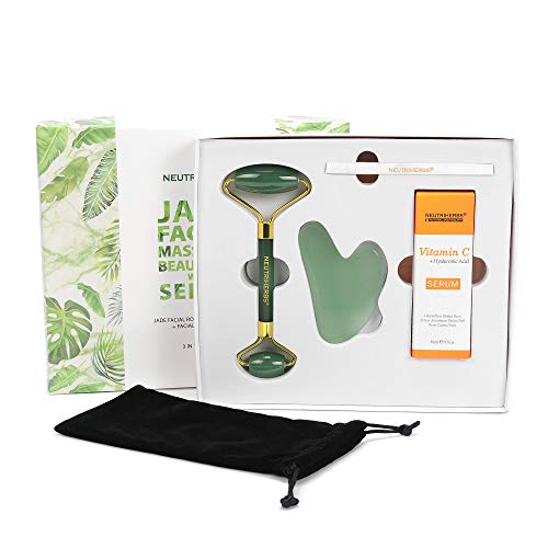 NEUTRIHERBS Jade Gua Sha & Face Roller & Vitamin C Serum Facial Tool Set(3 in 1 Kit), Home Face Massager for Wrinkle,Fine Line,Puffiness,Firm Smooth Relax Skin -- Green - color: Green