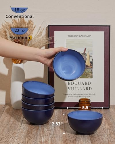 Pokini 5.5 inch Stoneware Cereal Bowls Set of 6, 22 Oz Soup Bowls Set - color: Light Blue