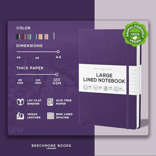 BEECHMORE BOOKS Large Lined Journal Notebook, 8.5" x 11.5" (A4) Hardcover Vegan Leather Executive Diary for Work, Thick 120gsm Paper, Lay-Flat Binding, Gift Box - color: Royal Plum, size: A4 - 8.5" x 11.5" Large