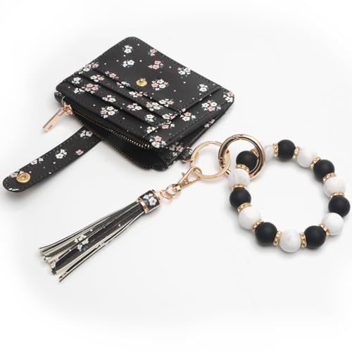 COOLANS Silicone Bracelet Wristlet Wallet Credit Card Holder RFID ID Window Key Ring Tassel Slim Wallet Women Keychain Purse - color: Black Stamp