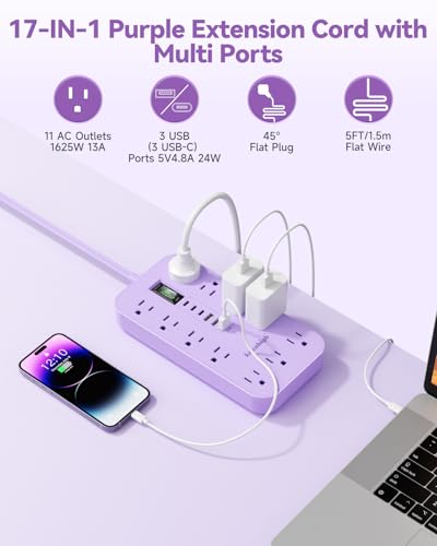 Purple Extension Cord with Multiple Outlets- 10 FT - color: Purple, size: 10FT