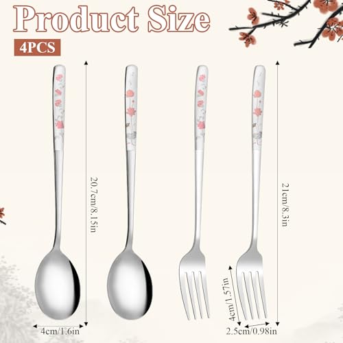 4PCS Korean Forks and Spoons Set, Korean Utensil Set with Long Handles Salad Forks and Soup Spoons Stainless Steel Silverware sets for Coffee, Desserts Dishwasher Safe