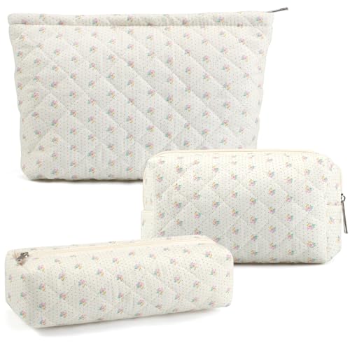 3 Pcs Makeup Bag Cosmetic Bag Set for Girls Women Checkered Travel Organizer Bathroom Toiletry Pouch Large Capacity Storage Bag(Small Flower Blue) - color: Small Flower Blue