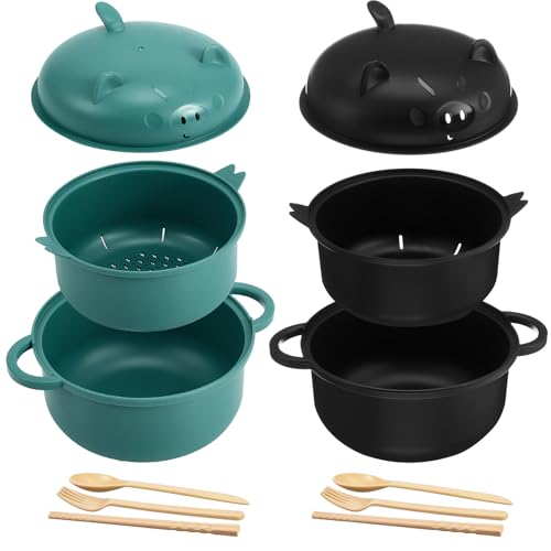 2 Sets 45oz Cute Pig Ramen Bowl Set Microwavable, Black, Dark Green - color: Black,Dark Green