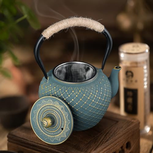 Ufine Cast Iron Teapot for Stove Top with Stainless Steel Infuser - color: Blue Grid