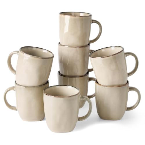 famiware Coffee Mugs Set of 8, Ocean Square 13oz Coffee Cup Set with Handle - color: Ocean Square-Light khaki, size: 8pcs
