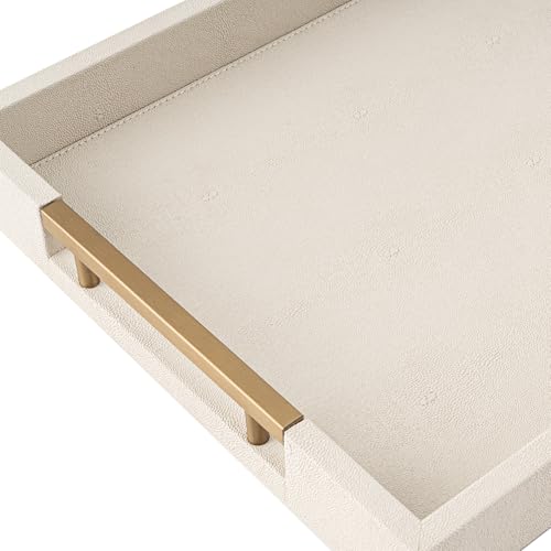 Beige Faux Leather Serving Tray with Handles – Large Decorative Tray for Coffee Table, Ottoman, Living Room, Bathroom – Home Decor - color: Beige, size: 17" x 12" x 2"