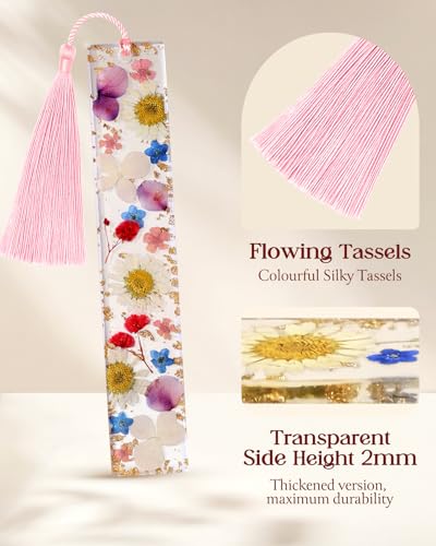 Buleens 2PCS Bookmarks for Women - Blue Book Marks for Readers Book Lovers, Personalized Handmade Dried Flower Resin Bookmark with Tassels, Pretty and Aesthetic - color: White Blue