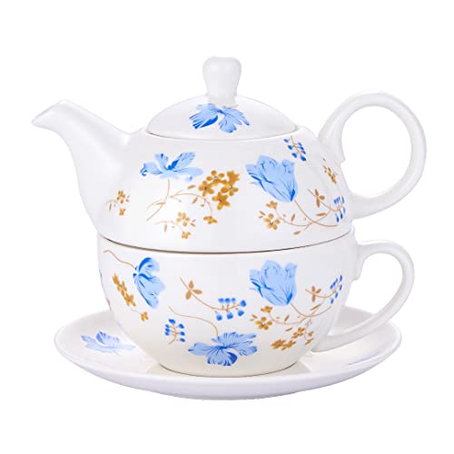 Tea for One Set, Porcelain Teapot and Cup Set, Teapot for One - color: Bule flower