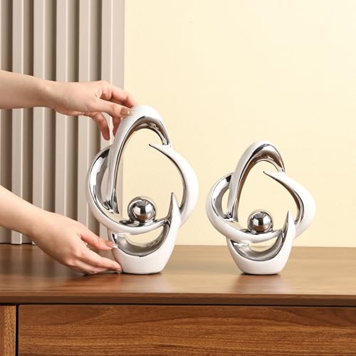 2 Pcs Ceramic Statues Home Decor Modern Aesthetic Abstract Art - color: White and Silver