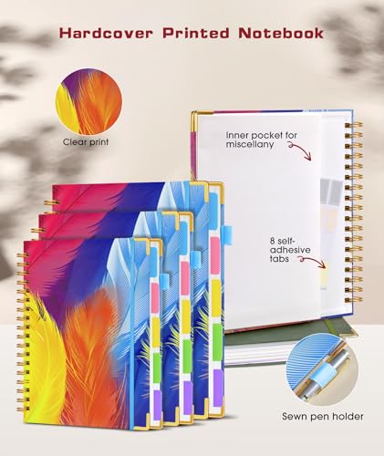 Hardcover Spiral Notebook journal with Removable Dividers Tabs, 300 Pages 5 Subject Notebook College Ruled, 100GMS Notebooks for Work School Note taking,Lined Journal for Women,A5 Colorful Feather - color: Colorful Feather, size: 6.2"x8.2"