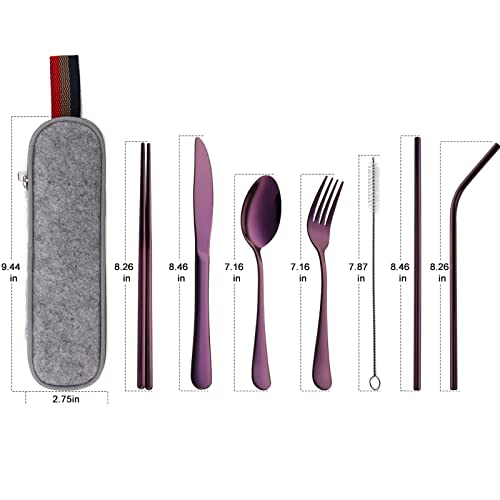 DEVICO Portable Utensils, Travel Camping Cutlery Set, 8-Piece including Knife Fork Spoon Chopsticks Cleaning Brush Straws Portable Case, Stainless Steel Flatware set (Purple) - color: Purple