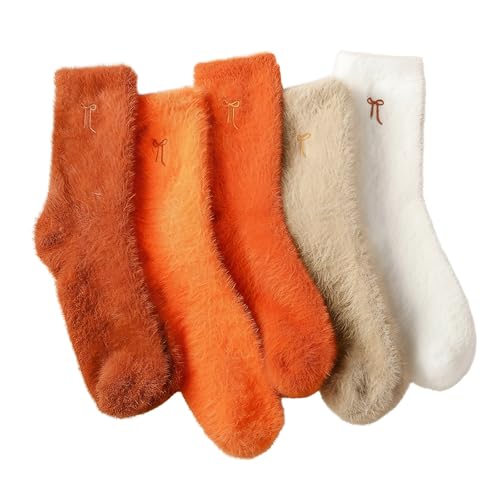 Geyoga 5 Pairs Fuzzy Bow Socks for Women Fluffy Slipper Gift - color: Orange