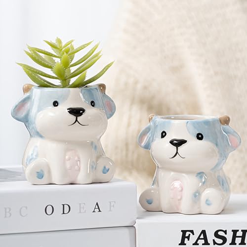 DIYOMR Cute Animals Planter, Mini Ceramic Cartoon Animal Shaped Succulent Flower Pot Indoor Air Plants Holder, Smooth Shiny Decorative Flower Cactus Planter - Plants Not Included (Cow) - color: Cow