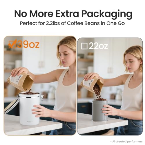 Veken Coffee Canister,39OZ, 2.2lbs,Large Airtight Stainless Steel Container - color: Jet White, size: 39 oz