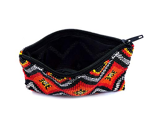 Native American Inspired Diamond Pattern Czech Glass Seed Beaded Coin Purse Zipper Pouch - Womens Fashion Handmade Bags Tribal Travel Accessories (Silver) - color: Silver