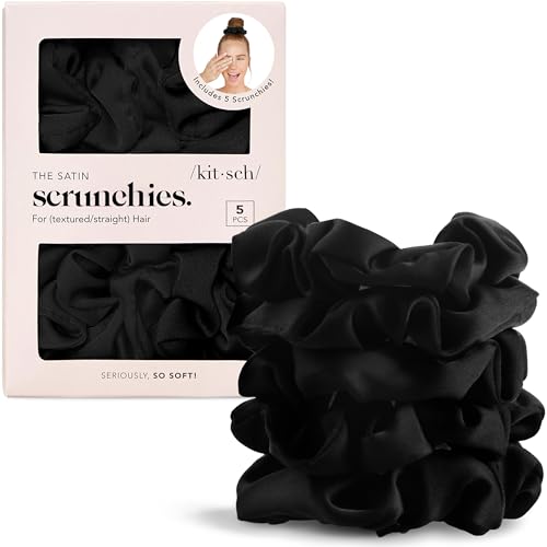 Kitsch Satin Scrunchies for Women | For All Hair Types - Black, 5pcs - color: Black