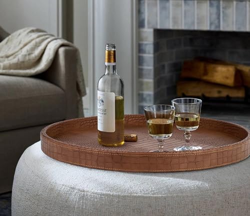 HofferRuffer Round Serving Tray 20'', Elegant Faux Leather Circle Ottoman Table Tray, Serve Tea Coffee Breakfast in Bedroom Living Room Kitchen (Brown) - color: Antique Brown, size: 20"