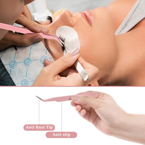 Precision Tweezers, Lash Tweezers Stainless Steel Curved Pointed Tweezer Professional Fine Point Needle Nose Tip Tweezers for Craft, Eyelash Extensions, Nail Art, Sticker (Pink)