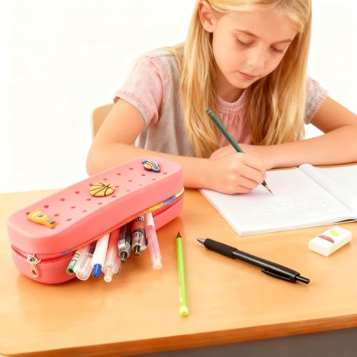 1 Pack Cute Silicone Pencil Case Pencil Pouch with DIY Holes and 3 Decoratives(Random) Travel Makeup Brush Bag suitable for travel home7.81inch (Pink) - color: Pink
