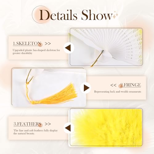 whitefeather Vintage Feather Hand Fan, 17.7 x 11.8 inches, Marabou Feathers, 1920s Style for Costume Parties, Tea Parties - color: Yellow