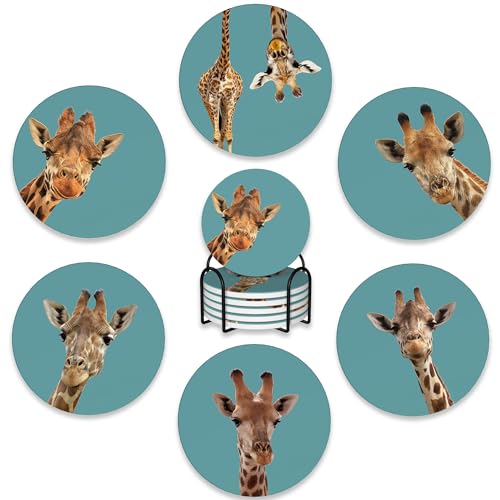 6 Pcs Coasters for Drinks with Holder,Funny Giraffe Absorbent Coaster with Cork Backing,Great Gift for Housewarming,Room Decor,Bar,Holiday Party - color: Funny Giraffe