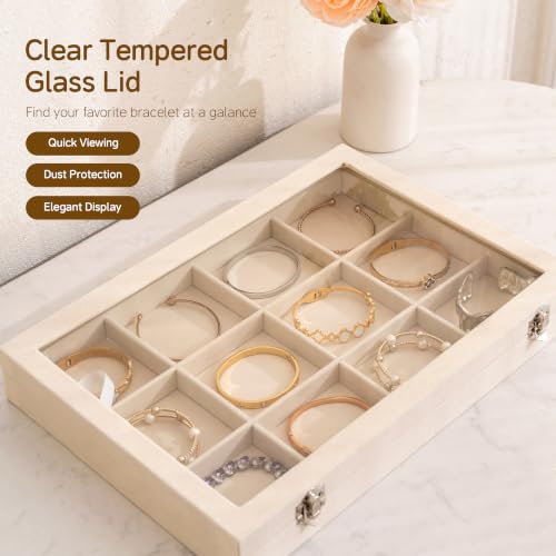Frebeauty 12 Grid Bracelet Holder Box,Velvet Jewelry Tray with Clear Lid - color: Beige, size: 12 Grid