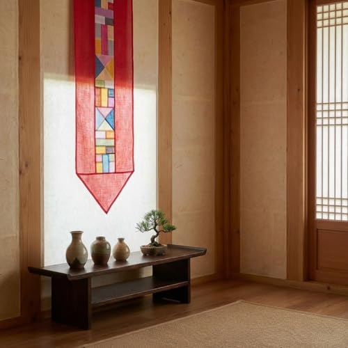 Korean Bojagi Table Runner, Ruby Red Ramie Patchwork, 78.8 x 11.8 Inch - color: Ruby Red