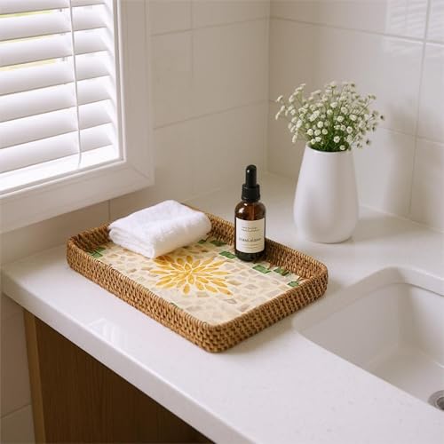 3 Pcs Rectangle Rattan Mother of Pearl Inlay Shell Decorative Serving Tray - color: Yellow Flower