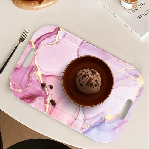 Serving Trays with Handles, 14.5 x 9.8 inch Rectangular Plastic Tray for Restaurant, Kitchen, Painting of Pink and Gold Marble - color: Painting of Pink and Gold Marble