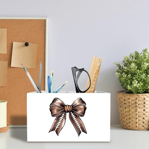 Coquette Football Bow Pen Holder for Desk, Football Lovers Players Gifts Pencil Organizer, Preppy Bow Sports Wooden Box Sign Desk Decor for Girls Dorm Home Office Decoration - color: Football Bow